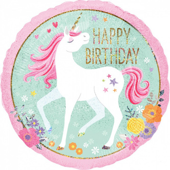 Foliový holografický balonek jednorožec - Happy Birthday 43 cm
