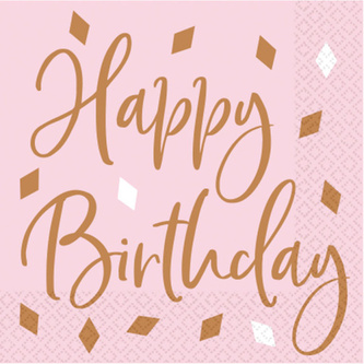 Papírové ubrousky Pink rosegold Happy Birthday 16 ks