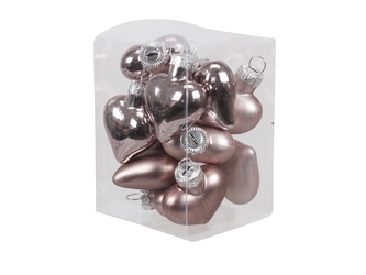 Skleněné baňky - srdíčka 4 cm, růžové kouřové, sada 12 ks