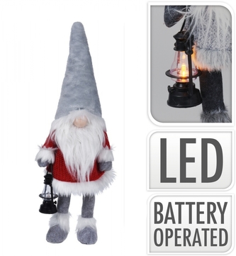 Skřítek s LED lucerničkou a svítícím nosem 51 cm, šedý