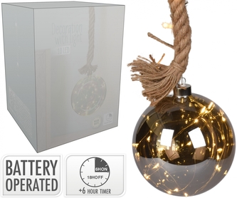 LED skleněná dekorace - koule 15 cm kouřová lesklá