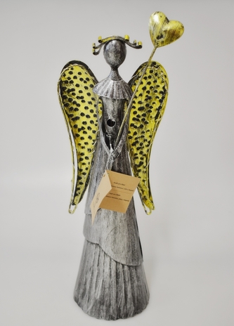 Plechový anděl Wave stříbrný-champagne se srdíčkem, 39cm, LED křídla II jakost