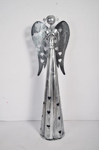 Plechový srdíčkový anděl na čajovou svíčku, 67 cm, stříbrný