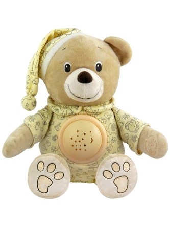 Plyšový usínáček medvídek v čepičce s projektorem Baby Mix krémový