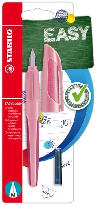 Školní plnicí pero s hrotem M (medium) - STABILO EASYbuddy Pastel pastelová růžová - modrý zmizíkovatelný inkoust - 1 ks - vč. bombičky