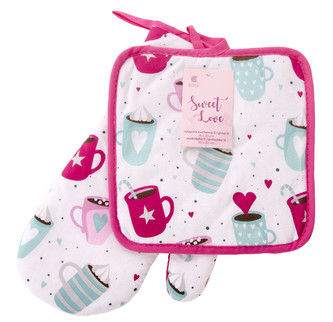 Kuchyňský SET rukavice/chňapka SWEET LOVE bílá 18x30 cm/20X20 cm ESSEX, 100% bavlna