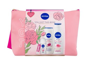 Nivea You Got This Rose sprchový gel Rose & Almond Oil 250 ml + tělové mléko Rose Touch 400 ml + antiperspirant Rose Touch 50 ml + balzám na rty Labello Soft Rosé 4,8 g + kosmetická taštička