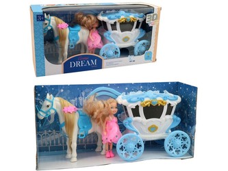 Kočár s koněm a panenkou,  se svělem a hudbou, na baterie,  32 x 8 x 17 cm