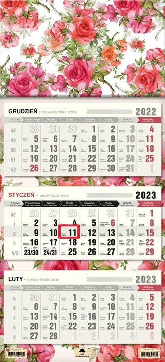 Kalendarz 2023 trójdzielny płaska główka Róże