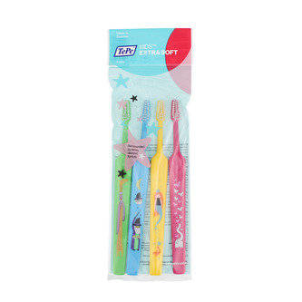 TePe Kids Extra Soft dětské zubní kartáčky (tmavě růžový, žlutý, zelený, azurový) 4 ks