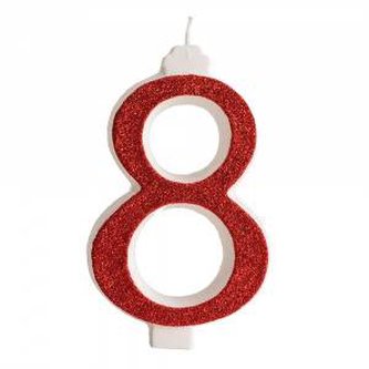Svíčka na dort 12cm třpytivá červená číslo 8 - Dekora