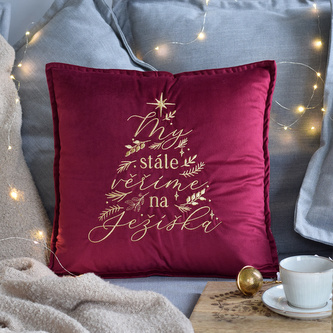 Vyšívaný sametový polštář - Věříme na Ježíška s výplní výplň