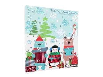 Technic Toiletry Advent Calendar sprchový gel 30 ml + mýdlo na ruce 30 ml + tělové mléko 30 ml + krém na ruce 30 ml + pěna do koupele 30 ml + tuhé mýdlo 9 ks + šumivá bomba do koupele 5 ks + sůl do koupele 1 ks + kámen na chodidla 1 ks + kleštičky na neht