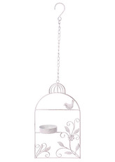 Krmítko pro ptáčky, tvar ptačí budky. Kovová zahradní dekorace na pověšení.