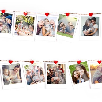 Dekorační světelný řetěz s dřevěnými červenými srdíčky na uchycení fotografie