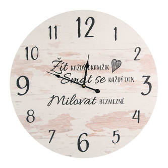 Hodiny nástěnné dřevo Žít... bílé/hnědé pr.59 cm