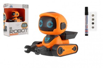 Robot s fixou jezdící po namalované čáře plast 7x12cm na baterie se světlem, zvukem v krabici 18x23