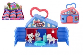 Domeček se zvířátky plast s doplňky 2 barvy 11x10x6cm 9ks v boxu