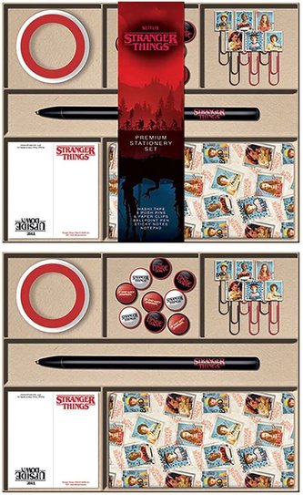 Set kancelářský Netflix|Stranger Things: (15 x 21 x 1 cm) 16 předmětů (pero, lepisí páska, spony, piny, poznámkový blok, lepicí štítky)