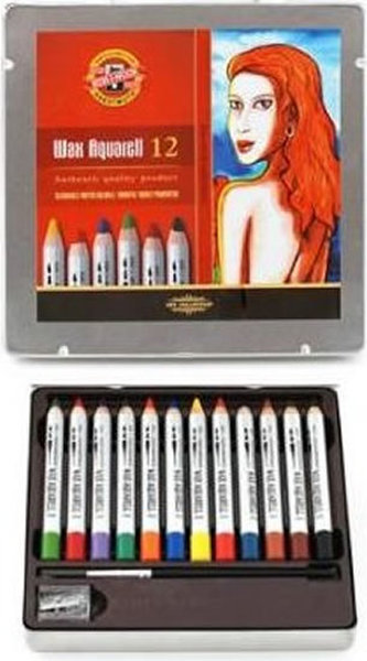Koh-i-noor pastelky WAX AQUARELL souprava 12 ks doplněná o štětec, ořezávátko a grafitovou tužku v plechové lrabičce
