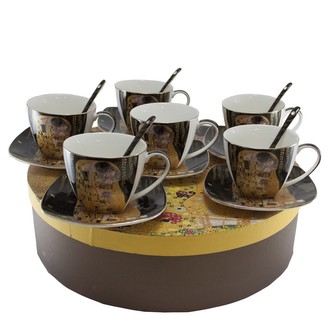 HOME ELEMENTS Sada 6 ks - šálky 250 ml s podšálky a lžičkami, Klimt, Polibek tmavý