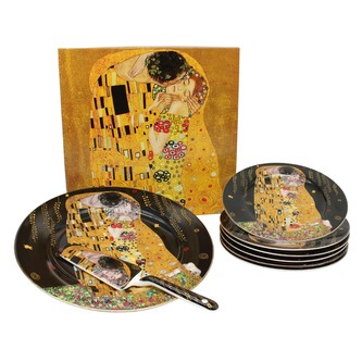 HOME ELEMENTS Dortový set: dortový talíř, 6 x talíř, dortová lžíce, Klimt, Polibek tmavý