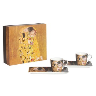 HOME ELEMENTS Espresso set 2 šálky, 90 ml, s podtácky, Klimt, Polibek tmavý