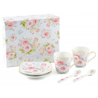 HOME ELEMENTS Šapo sada espresso 90 ml, dva šálky se lžičkami, Růže