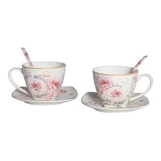 HOME ELEMENTS Sada dvou šálků 250 ml, s podšálky a lžičkami, Růže