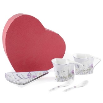 HOME ELEMENTS Sada dvou šálků 250 ml s podšálky a lžičkami, Levandule