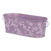 Obal kovový - truhlík, ve světle fialové barvě s bílými růžemi.