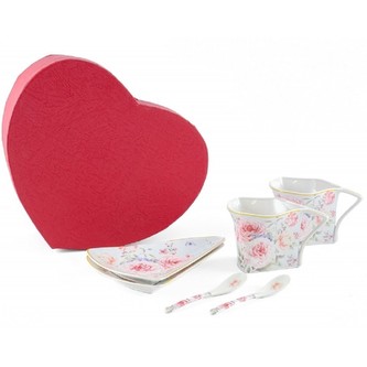 HOME ELEMENTS Sada dvou šálků 250 ml s podšálky a lžičkami, Růže