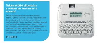 BROTHER tiskárna štítků PT-D410 - 18mm, pásky TZe USB, stolní model, adaptér / možno provoz na AA baterie 6ks /