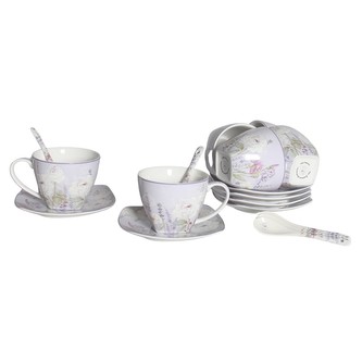 HOME ELEMENTS Sada 6 ks - šálky 250 ml s podšálky a lžičkami, Levandule