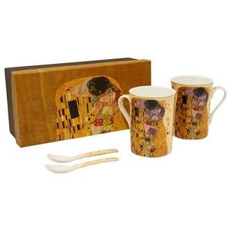 HOME ELEMENTS Sada - dva hrnky 300ml se lžičkami - Klimt Polibek zlatý