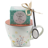 Dárková sada, Vanilková káva 19 g, bílý hrnek s motivem květin, 300 ml, lžička