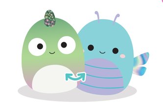 Squishmallows 2v1 - chameleon Denton a vážka Heather 13 cm