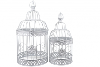 Dekorační ptačí klec bílá s květinkou s/2