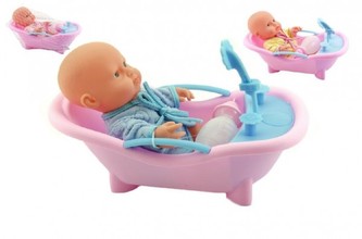 Miminko pevné tělo ve vaničce s doplňky plast 20cm 3 barvy v síťce