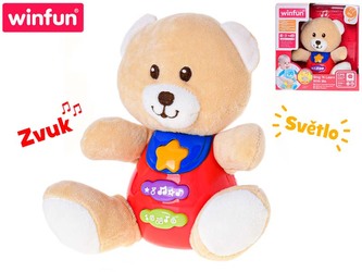 Medvídek 18cm sedící na baterie se světlem a zvukem 3m+