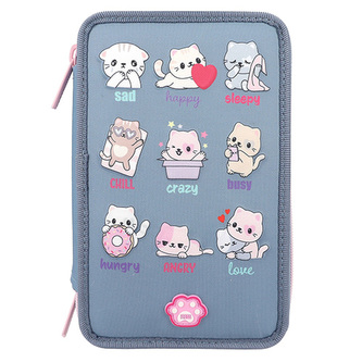 Penál 3 patra s výbavou Top Model, Modro-růžový, náladové kočičky, světelný efekt