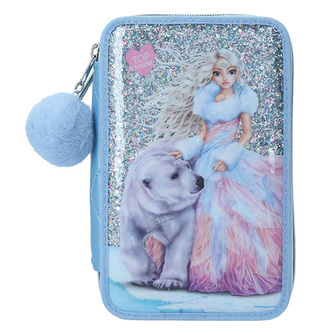 Penál 3 patra s výbavou Top Model, Světle modrý, June s ledním medvědem a flitry