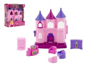 Mini domeček/hrad plast 11cm s doplňky v krabičce 12x14x6cm