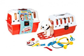 Zvířátko pejsek plyš v přenosném boxu 26cm plast + doktorská sada veterinář v sáčku