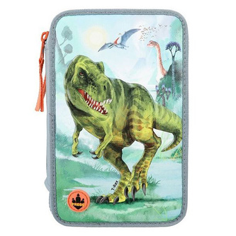 Penál 3 patra s výbavou Dino World, Šedo-modrý, T-Rex, světelný efekt