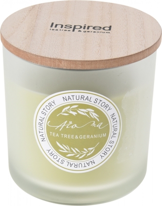 Vonná svíčka TEA TREE A GERANIUM ve skle s dřevěným víčkem 10x10 cm