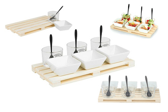 Servírovací set na předkrm - elegantní design s dřevěným podnoskem