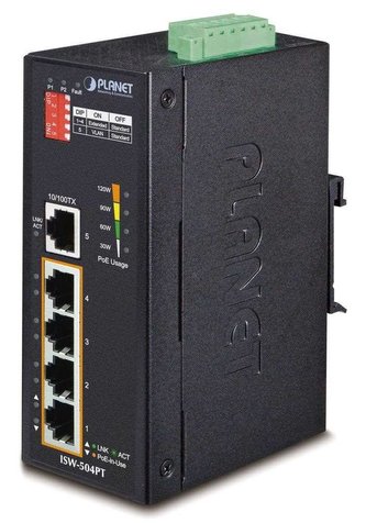 Planet ISW-504PT, 5x 10/100, 4x POE IEEE 802.3af, 60W, DIN, IP30, -40~75 st.C