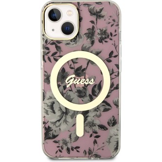 Guess PC/TPU Flowers IML MagSafe kryt iPhone 13 růžový