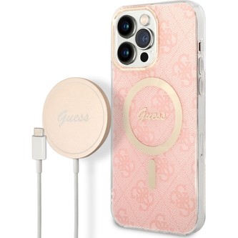 Guess 4G MagSafe kryt + Bezdrátová nabíječka pro iPhone 14 Pro Max růžová
